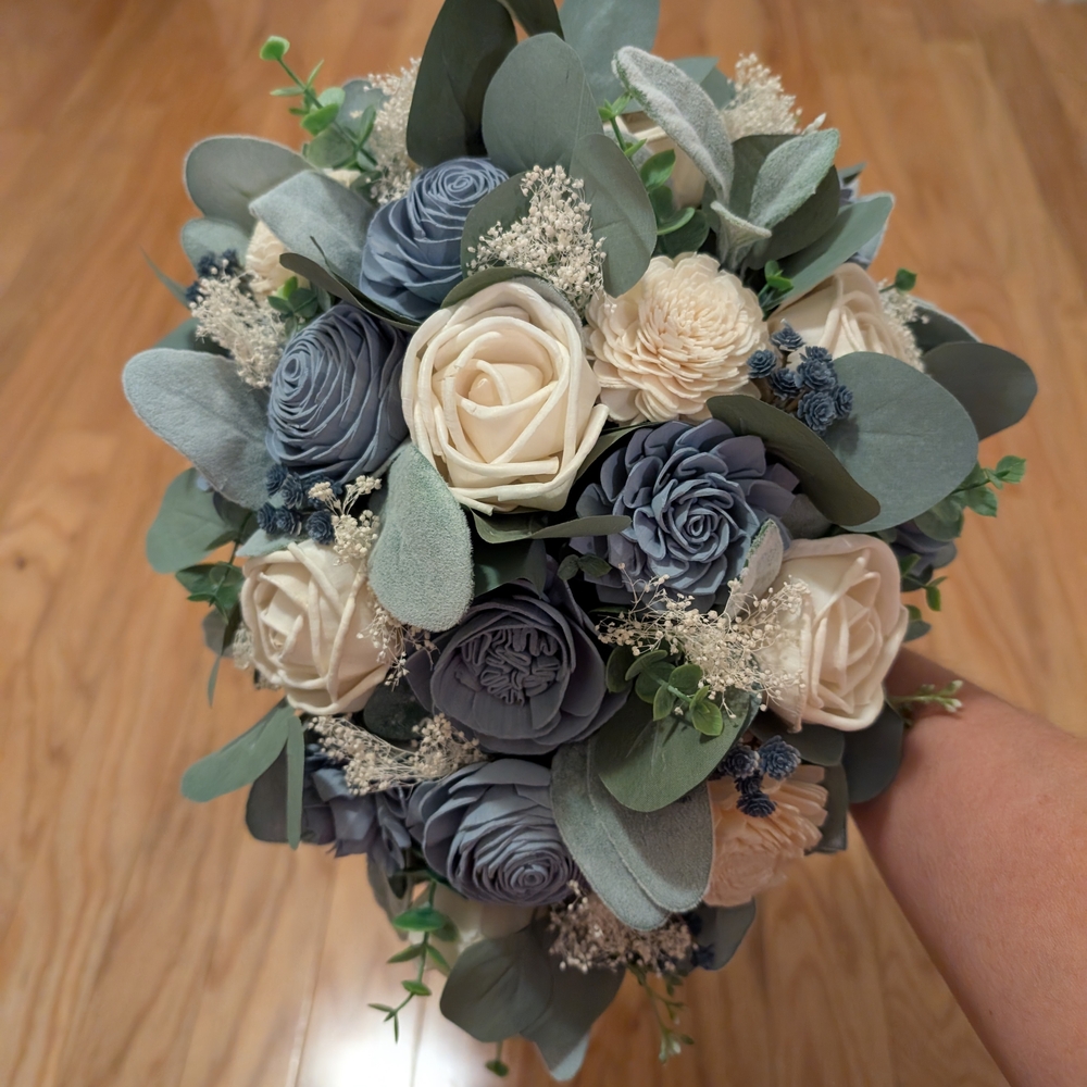 Elegant Dusty Blue And Ivory Bride Bouquet